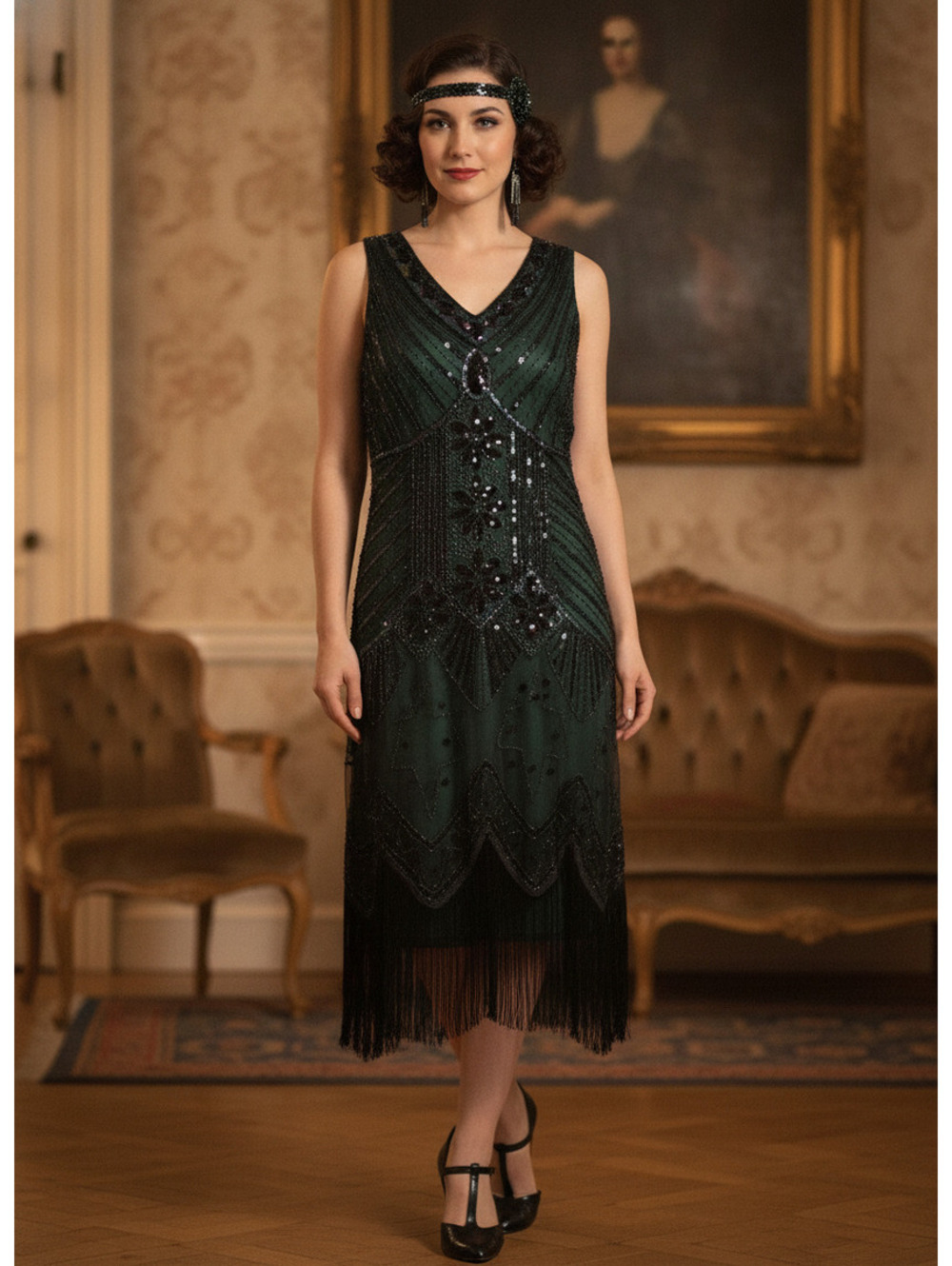 Vintage Inspired Art Deco Style Beaded Green Flapper Dress with Fringe  Small
